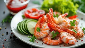 ai gerado fresco camarão em branco prato e fresco vegetais, cozinhou camarão camarão e frutos do mar picante Pimenta molho coentro, cozinhando camarão salada limão Lima foto