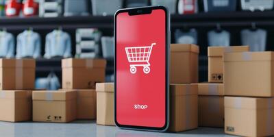 ai gerado Smartphone com compras carrinho em tela. conectados compras em Móvel inscrição ou local na rede Internet, digital marketing foto