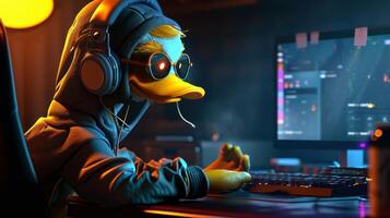 ai gerado 3d Pato mascote esport jogador. patinho jogos personagem fundo, esport equipe ilustração foto