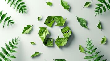 ai gerado verde reciclar símbolo em branco fundo. reciclando placa para mundo proteção, ecológico ambiente, zero carbono dióxido emissões foto
