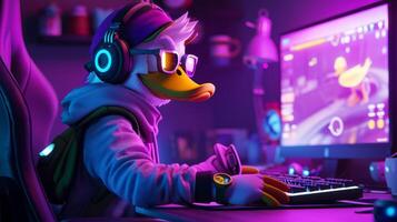 ai gerado 3d Pato mascote esport jogador. patinho jogos personagem fundo, esport equipe ilustração foto