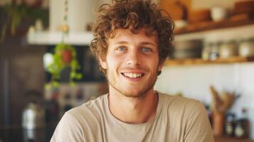 ai gerado fechar acima do uma jovem bonito positivo encaracolado homem com azul olhos com uma sorridente face vestindo casual bege camiseta olhando às Câmera e em pé sozinho dentro manhã foto