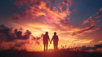 ai gerado casal dentro amor segurando mãos e olhando às a lindo pôr do sol céu foto