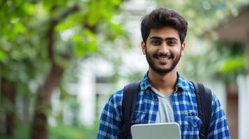 ai gerado face retrato, aluna e homem dentro universidade pronto para costas para escola aprendizado, metas ou alvos. foto