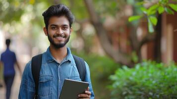 ai gerado face retrato, aluna e homem dentro universidade pronto para costas para escola aprendizado, metas ou alvos. foto