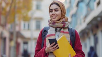 ai gerado alegre árabe fêmea aluna com Smartphone e livros de exercícios em pé ao ar livre, feliz jovem meio Oriental mulher caminhando dentro cidade depois de Faculdade Aulas, foto