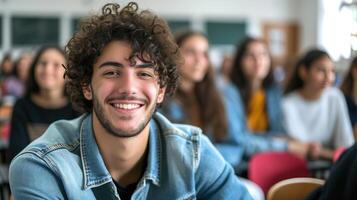 ai gerado feliz Faculdade aluna durante uma palestra dentro a Sala de aula olhando às Câmera. foto