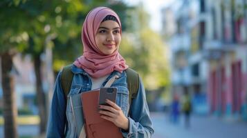 ai gerado alegre árabe fêmea aluna com Smartphone e livros de exercícios em pé ao ar livre, feliz jovem meio Oriental mulher caminhando dentro cidade depois de Faculdade Aulas, foto