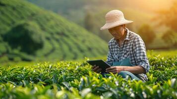 ai gerado agricultor chá plantação verificação qualidade de tábua agricultura moderno tecnologia conceito. foto