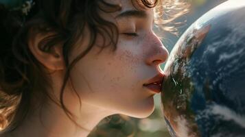 ai gerado atraente mulher se beijando planeta terra contra verde natureza fundo. terra dia, ambiente dia, Salve  a mundo, de Meio Ambiente conservação foto