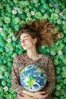 ai gerado relaxado mulher deitado baixa com terra em verde fundo. terra dia, ambiente dia, Salve  a planeta, de Meio Ambiente conservação foto