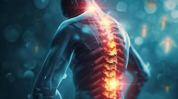 ai gerado costas dor, dor lombar, humano coluna vertebral raio X anatomia, enfatizando a coluna, ossos e potencial lesões foto