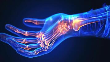 ai gerado pulso dor, mão raio X anatomia, realçar ossos e potencial lesões foto