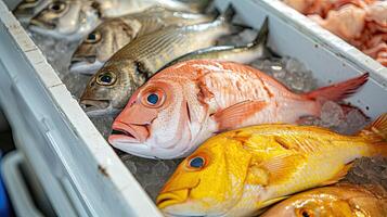 ai gerado fresco peixe dentro recipiente caixa foto