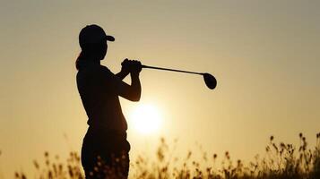 ai gerado silhueta do mulher jogando golfe em curso foto