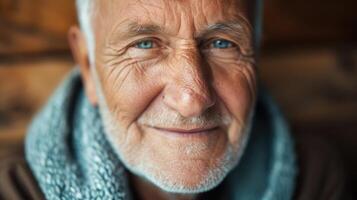 ai gerado fechar-se retrato do feliz Senior homem olhando às Câmera foto