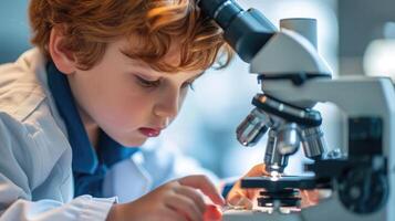 ai gerado fechar-se do pequeno Garoto usando microscópio em biologia lição foto