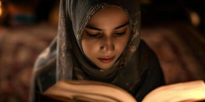 ai gerado sereno jovem muçulmano mulher estudando Alcorão dentro de casa foto