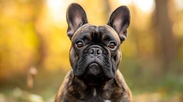 ai gerado fechar-se retrato do uma tigrado francês buldogue com outono bokeh fundo foto