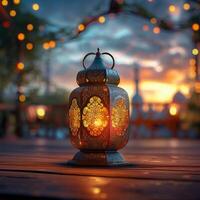 ai gerado lanterna ilumina de madeira mesa, criando sereno ambiente para Ramadã para social meios de comunicação postar Tamanho foto