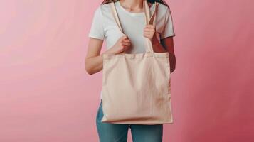 ai gerado mulher é segurando carregar saco tela de pintura tecido para brincar em branco modelo. foto