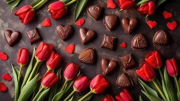ai gerado dia dos namorados dia fundo com chocolates, corações e vermelho tulipas foto