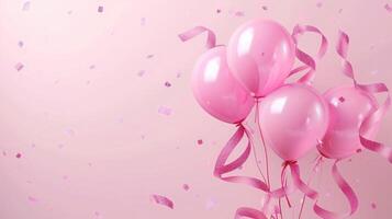 ai gerado elegante Rosa balão e fita feliz aniversário celebração cartão bandeira modelo fundo foto