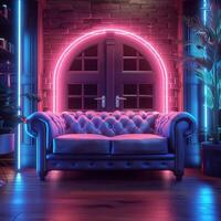 ai gerado moderno salão com dual couro sofás aceso de vibrante neons para social meios de comunicação postar Tamanho foto