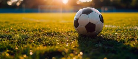 ai gerado futebol bola em verde campo. europeu futebol bandeira conceito com esvaziar espaço para texto e promoção. foto