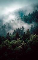 ai gerado panorama foto do abeto enevoado floresta com névoa. natural estético Visão para meio Ambiente consciência.