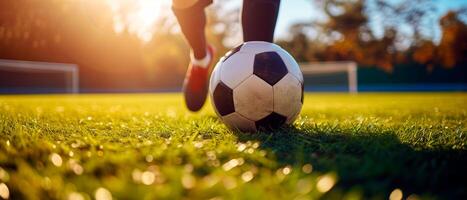 ai gerado futebol bola em verde campo. europeu futebol bandeira conceito com esvaziar espaço para texto e promoção. foto