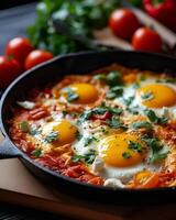 ai gerado Shakshuka com ovo em topo dentro Preto panela foto