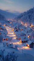 ai gerado Vila coberto dentro neve, iluminado de suave noite luzes vertical Móvel papel de parede foto