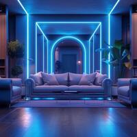 ai gerado futurista vivo quarto com lustroso couro sofás debaixo azul néon para social meios de comunicação postar Tamanho foto