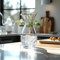 ai gerado limpar \ limpo água fonte vidro decantador fornece puro bebendo água dentro cozinha para social meios de comunicação postar Tamanho foto