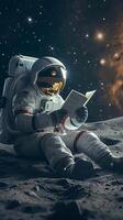 ai gerado espaço literatura astronauta imerso dentro lendo em a luas superfície vertical Móvel papel de parede foto