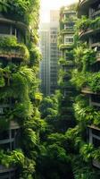 ai gerado urbano oásis exuberante vegetação prospera no meio a paisagem urbana pano de fundo vertical Móvel papel de parede foto