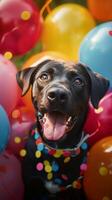 ai gerado canino celebração cachorro cercado de festivo balões e decorações vertical Móvel papel de parede foto