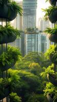 ai gerado refrescante paisagem urbana vibrante verde plantas trazer vida para urbano meio Ambiente vertical Móvel papel de parede foto