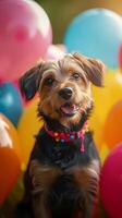 ai gerado festa filhote cachorro senta no meio vibrante balões e festivo decoração vertical Móvel papel de parede foto