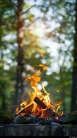 ai gerado naturezas calor fogueira queimando brilhantemente contra exuberante verde pano de fundo vertical Móvel papel de parede foto