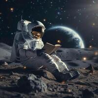 ai gerado cósmico Educação astronauta goza uma livro no meio lunar solidão para social meios de comunicação postar Tamanho foto