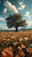 ai gerado verão felicidade expansivo flor campo com majestoso árvore contra azul céu vertical Móvel papel de parede foto