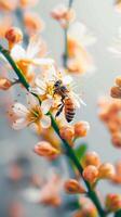 ai gerado floral interação querida abelha graciosamente terras em lindo flor pétala vertical Móvel papel de parede foto