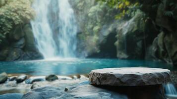 ai gerado em branco produtos pódio a partir de Rocha. cilindro ficar de pé conceito. borrado bali natureza com cascata fundo, beleza cuidados com a pele, tecnologia produtos mostrar. foto