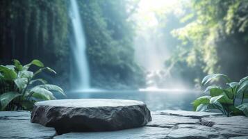 ai gerado em branco produtos pódio a partir de Rocha. cilindro ficar de pé conceito. borrado bali natureza com cascata fundo, beleza cuidados com a pele, tecnologia produtos mostrar. foto