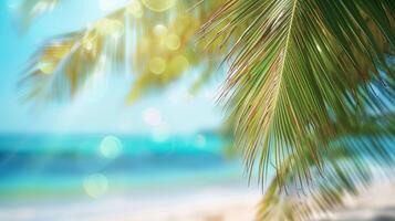 ai gerado borrado de praia cena fundo com luz solar. afiado Palma folhas contra uma borrado oceano e céu pano de fundo, caloroso tropical brilho. foto