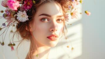 ai gerado lindo moda retrato do jovem mulher com guirlanda do Rosa e branco flores. verão flores dentro Penteado. foto