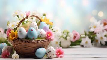 ai gerado lindo pastel cor Páscoa ovos e flores dentro uma cesta com cópia de espaço. colorida Primavera tema fundo. foto