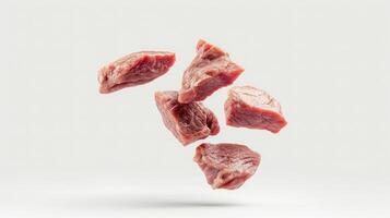 ai gerado peças do fresco carne levitar em uma branco fundo foto